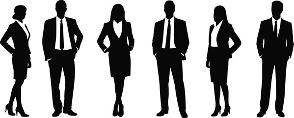 Business silhouettes, professional attire, suit, skirt, standing pose, black vector, corporate icon, office people, formal wear, team, career