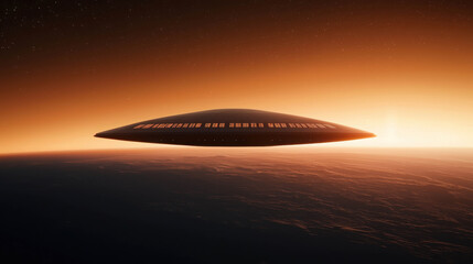 Obraz premium Futuristic UFO Hovering Above Alien Planet in Stunning Orange Sunset with Ethereal Light and Soft Atmospheric Clouds