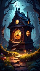 Enchanted Forest Clock Tower: A Mystical Night Scene
