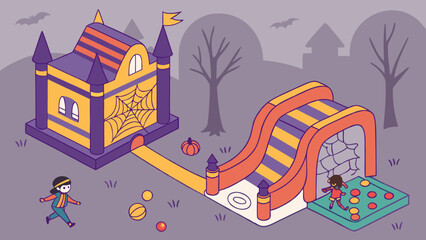 Children enjoy a spooky halloween themed inflatable bounce house and slide attraction with pumpkins and bats in a park setting
