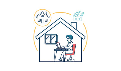 Fototapeta premium Person working from home inside a house with a laptop and documents