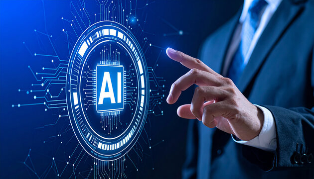 Businessman hand pushing a glowing digital button on a touch screen interface