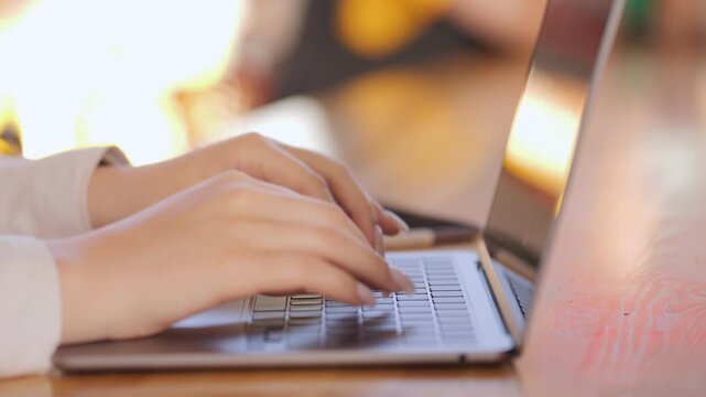 Person is typing on a laptop. The laptop is on a wooden table. The person is using a keyboard to type