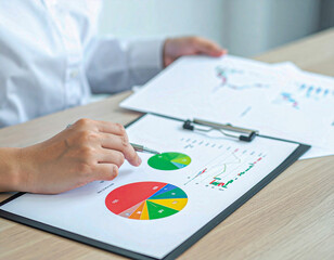 A businessperson reviews financial charts on a tablet, with a pen poised over a document