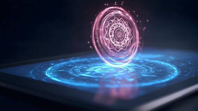 Pink blue holographic mandala floats above a tablet screen, creating a futuristic digital art piece.