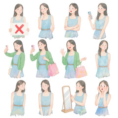 Obraz premium Diverse Expressions of a Young Woman: A watercolor illustration set of a young woman in various poses and emotional states, capturing her different actions, reactions and activities.