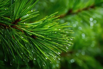 Close-up of fresh green pine needles with dew droplets, early morning light