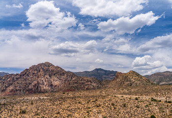 Dramatic panorama of the red rocks of Red Rock Canyon in Nevada seen from the scenic drive near Las Vegas