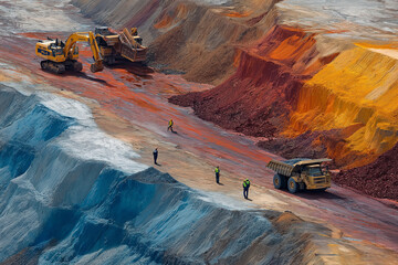 Open-pit mining operation with excavators, workers in safety gear coordinating, large trucks transporting minerals