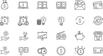 
Finance icon set with money bags, laptops, dollar bills, coins, credit cards, piggy banks, wallets, currency exchange, savings, and investments