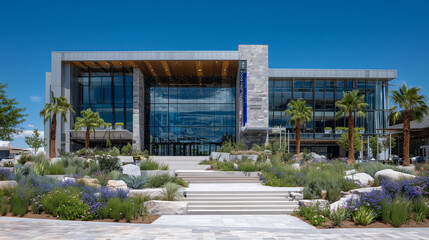 Fototapeta premium A cutting-edge warehouse with expansive floor-to-ceiling glass windows reflecting the vibrant greenery around it. Smooth metal panels and clean lines emphasize a sleek, futuristic