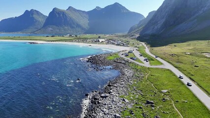 Drone view of turquoise waters and white sands at Skagsanden Beach near Ramberg