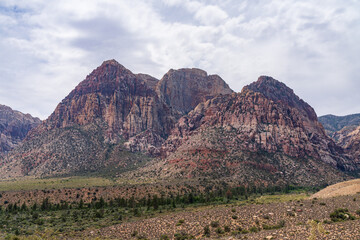 Dramatic panorama of the red rocks of Red Rock Canyon in Nevada seen from the scenic drive near Las Vegas