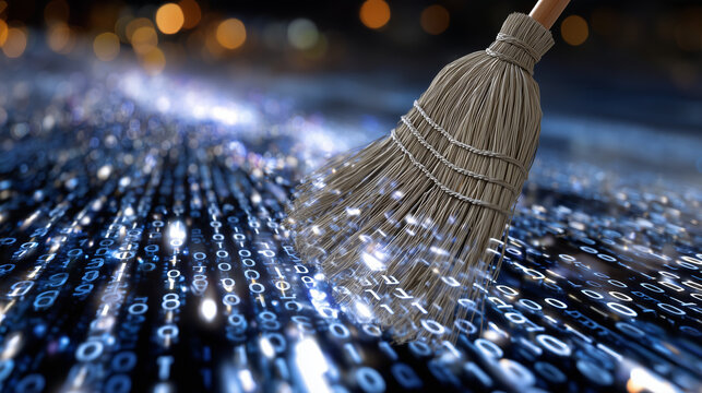 Vivid scene of a broom sweeping through a dark digital matrix filled with glowing binary numbers. Bits of code break apart and fade as the broom moves forward, symbolizing purifica