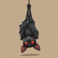 Vampire bat with red eyes hanging upside down in a cartoon style, showcasing a playful yet eerie appearance Generative AI