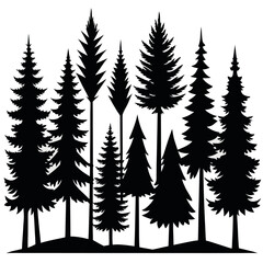 Obraz premium Evergreen Tree Silhouettes in Dense Forest – Minimalist Black and White Vector Nature Scene