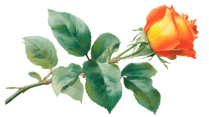 Orange and yellow rosebud with green leaves on white background