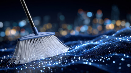 A broom with luminous bristles sweeps away clusters of digital dust made of tiny zeros and ones on a dark tech background. The cleared area glows with smooth, flowing data streams,