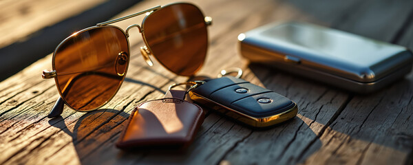Luxury car keys, pilot sunglasses, sleek metallic case rest on weathered wooden planks. Still life arrangement evokes sense of sophisticated travel, high-end lifestyle. Amber-tinted lenses, polished