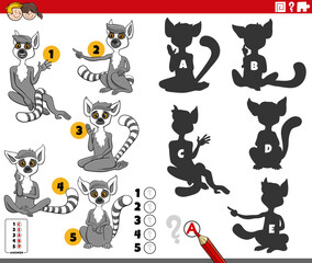 finding shadows puzzle with cartoon lemurs animal characters