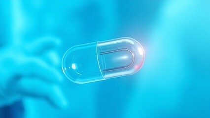 Futuristic translucent capsule floating against a blue medical backdrop with light refraction.