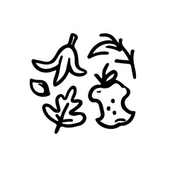 Obraz premium Hand-drawn food and leaf waste icon in cartoon outline style. Includes fruit peels and leaves. Ideal for composting, eco farming, recycling, zero waste, and sustainable living projects.