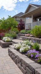 Fototapeta premium Stunning photo of landscaping with retaining walls and flowerbeds in residential house backyard.