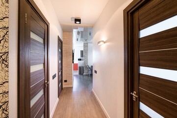well-lit hallway with modern doors, wood flooring, and neutral wall colors.  It offers a glimpse into a contemporary apartment