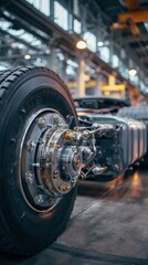 Fototapeta premium Stunning photo of detailed close-up of a semi-truck axle, showcasing its intricate pneumatic system in a mechanical workshop.