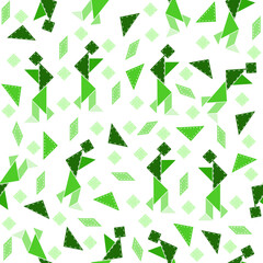 Seamless pattern of green tangram shapes forming people and abstract figures. Geometric design perfect for kids’ activities, educational projects, textiles, and digital backgrounds.