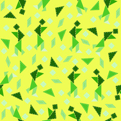 Seamless pattern of green tangram shapes forming people and abstract figures on a bright yellow-green background. Ideal for kids’ activities, education, textiles, and fun digital designs.