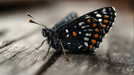 Obraz premium Close up of a black butterfly with orange and white spots resting on a weathered wooden surface