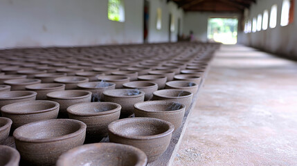 Rows of Unfinished Clay Bowls in a Dimly Lit Pottery Workshop with Natural Light Streaming Through Windows and An Artisan's Presence in the Background