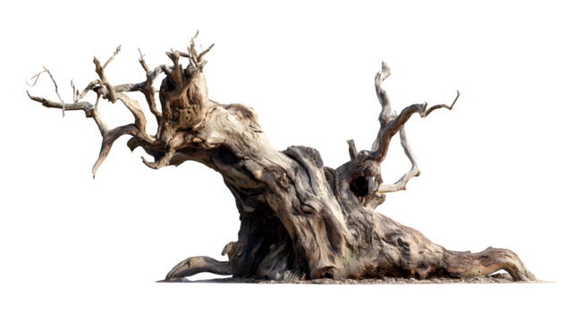 Gnarled old dead tree trunk on a white background