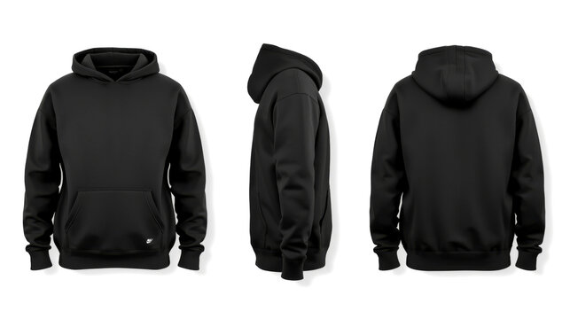 Blank black hoodie template. Hoodie sweatshirt long sleeve with clipping path, hoody for design mockup for print, isolated on white background. plain black hoodie, presented in three distinct views
