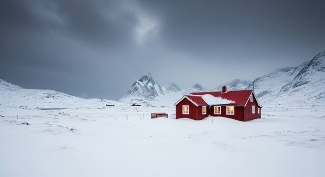 Red house in snowy landscape - Powered by Adobe