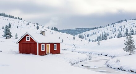 Fototapeta premium Red house in snowy landscape