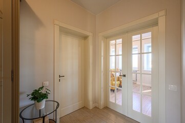 Hallway view featuring two doors, one solid and one with glass panes, flanking a small table with a potted plant, complemented by neutral wall colors