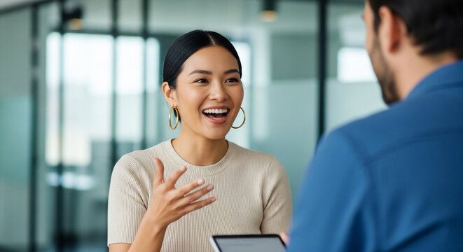 A happy businesswoman gestures while having a positive and engaging discussion with her male colleague. Perfect for illustrating effective team communication