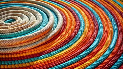 A vibrant and colorful spiral pattern formed by thick ropes, showcasing a rich texture and abstract design