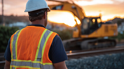 Obraz premium Behind view of a construction worker in bright orange safety vest and helmet, standing on gravel near railway tracks, watching heavy machinery operate as golden sunset light bathes