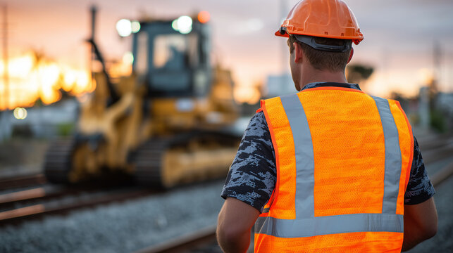 Behind view of a construction worker in bright orange safety vest and helmet, standing on gravel near railway tracks, watching heavy machinery operate as golden sunset light bathes