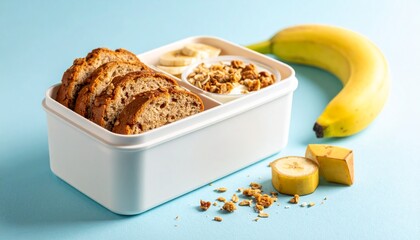 Kids lunch boxes holding healthy food , A nutritious packed lunch box featuring slices of homemade banana bread, creamy yogurt topped with granola, and a fresh banana.