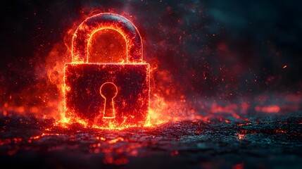 Fiery digital padlock icon symbolizing powerful cybersecurity