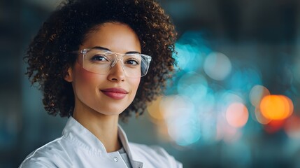 Woman with curly hair wearing safety glasses and white lab coat smiling with blurred blue and orange bokeh background
