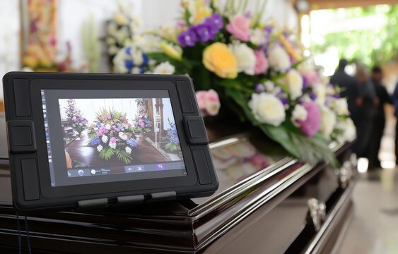 A digital funeral setup featuring a livestream tablet, floral arrangements, and attendees participating in virtual mourning
