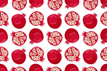 Seamless pomegranate fruit pattern with whole and cut pieces in flat style. Red juicy seeds healthy food design for textile, packaging and holiday decoration on white background.