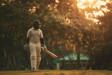 Cricket batsman walking on field at sunset