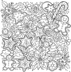 Fototapeta premium christmas, vector, illustration, cartoon, seamless, flower, floral, coloring book, coloring, art, design, vintage, wallpaper, texture, decoration, funny, fairytale, sketch, toy, children, fairy tale,