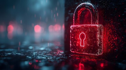 Futuristic digital padlock with glowing red hologram